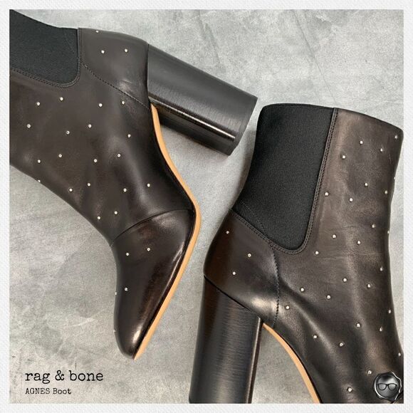 RAG & BONE AGNES STUDDED BLACK LEATHER BOOTS WOMEN’S HIGH HEEL CHELSEA BOOTIES - Picture 12 of 15